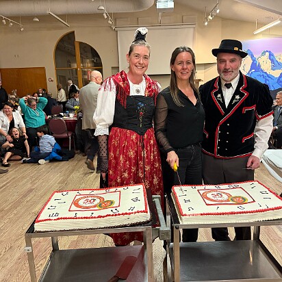 50th Anniversary Cake cutting by Silvana Renggli, Deputy Consul General in Vancouver, Renata Parent Vice President and Charly Gasser President both of the Yodel Club Heimattreu